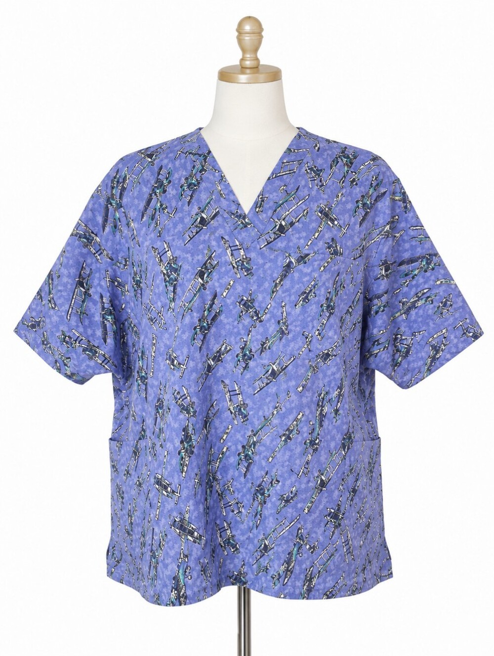 Crest Scrub Top Medium Blue Airplane Print V-Neck Short Sleeve Nurse Medical USA